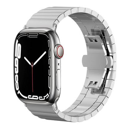 Silver stainless steel Apple Watch band with wide links and folding clasp