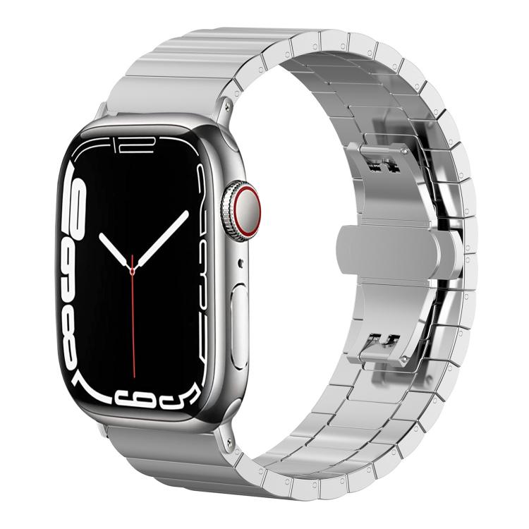 Silver linked stainless steel Apple Watch band shown with its clasp open