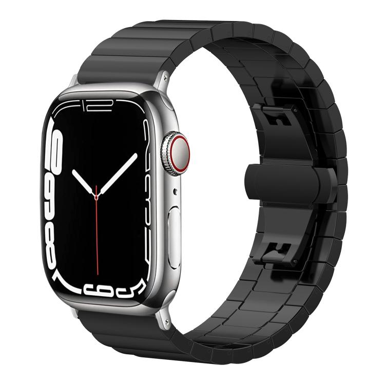 Black linked stainless steel Apple Watch band shown with its clasp open