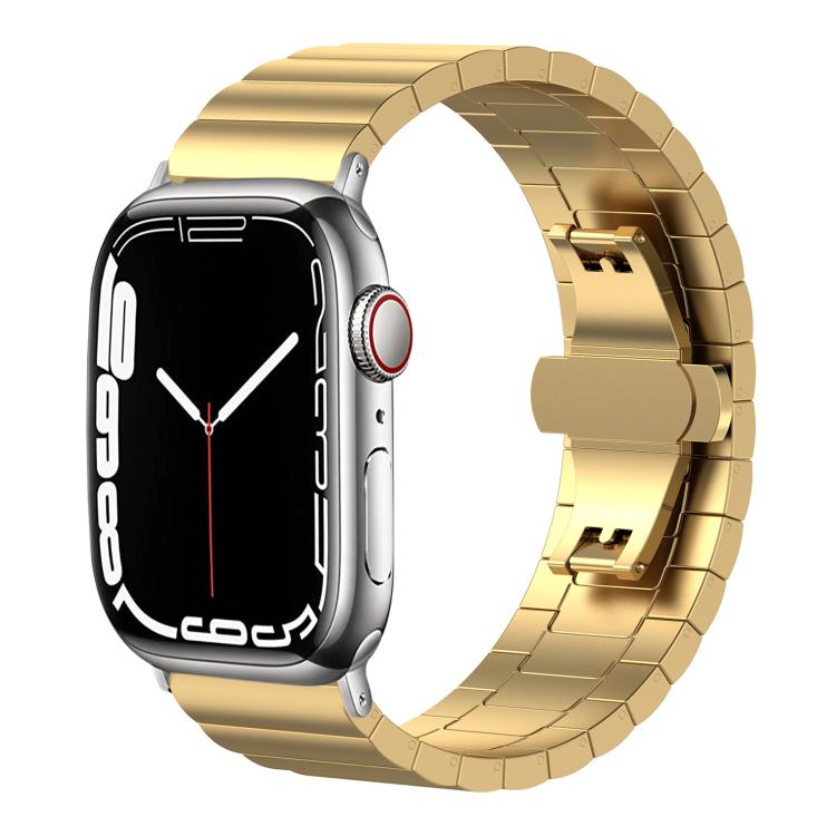 Gold linked stainless steel Apple Watch band shown with its clasp open
