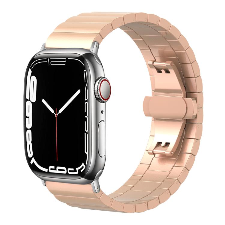 Rose gold linked stainless steel Apple Watch band shown with its clasp open