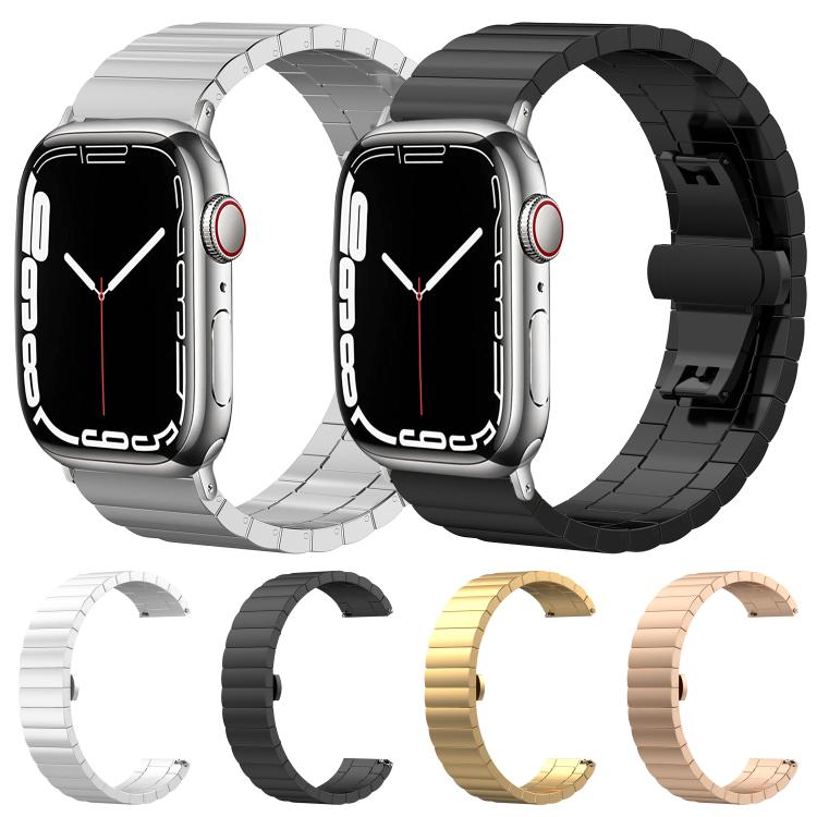 Stainless steel Apple Watch bands in silver, black, gold, and rose gold