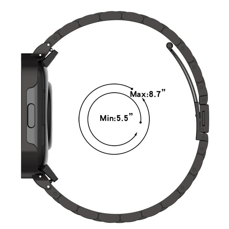 Dark stainless steel watch band fitted to a watch case, with a 5.5 to 8.7 inch fit range.