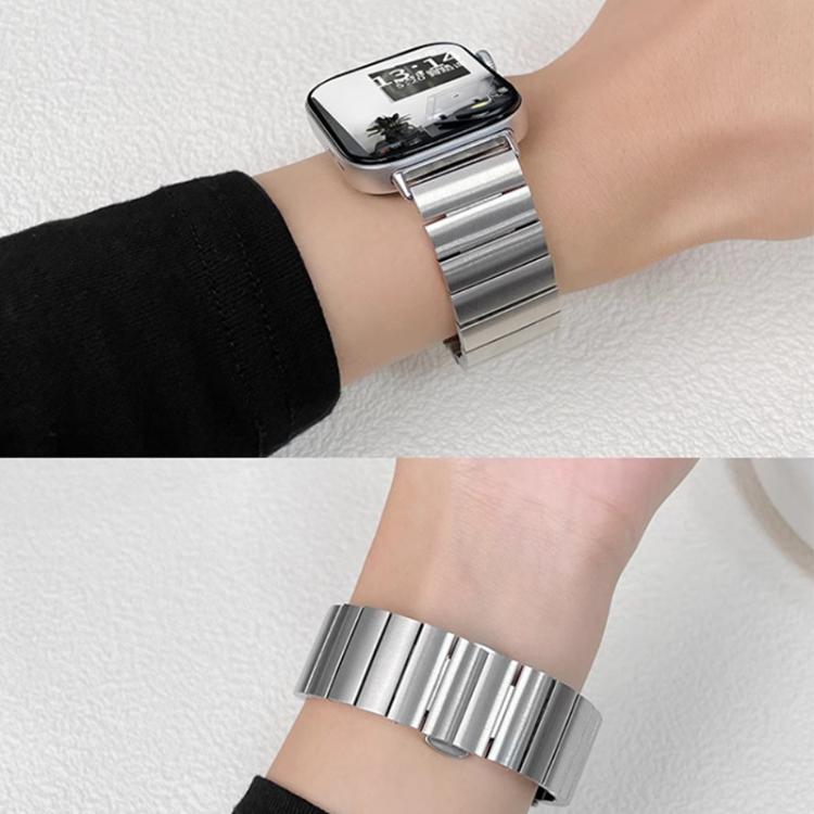 Silver stainless steel watch band shown on a wrist from two angles.