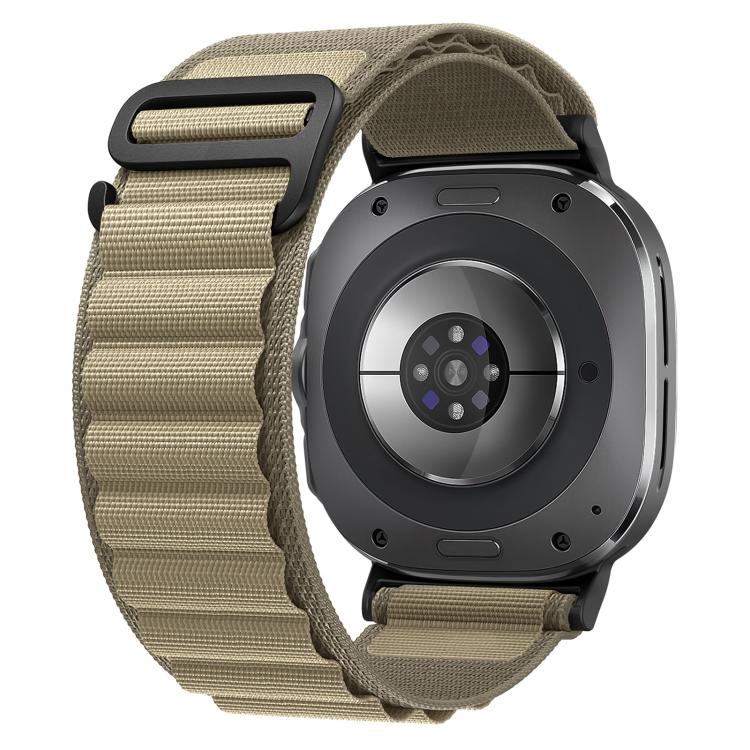 Khaki nylon watch band with black buckle loop, shown fitted to a smartwatch