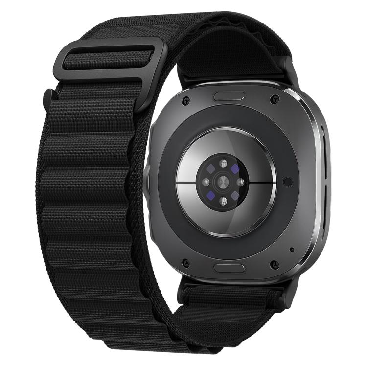 Black nylon watch band with black buckle loop, shown fitted to a smartwatch