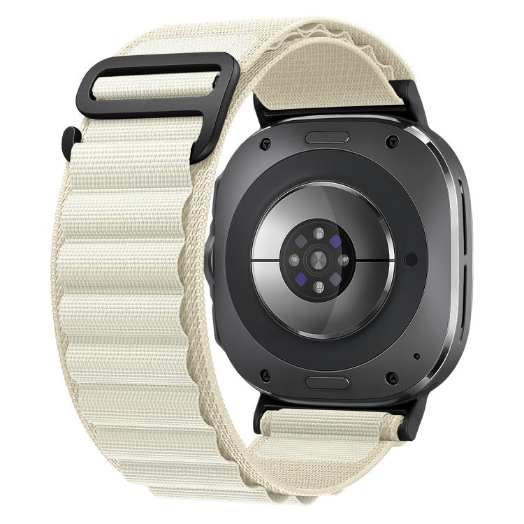 Ivory nylon watch band with black buckle loop, shown fitted to a smartwatch