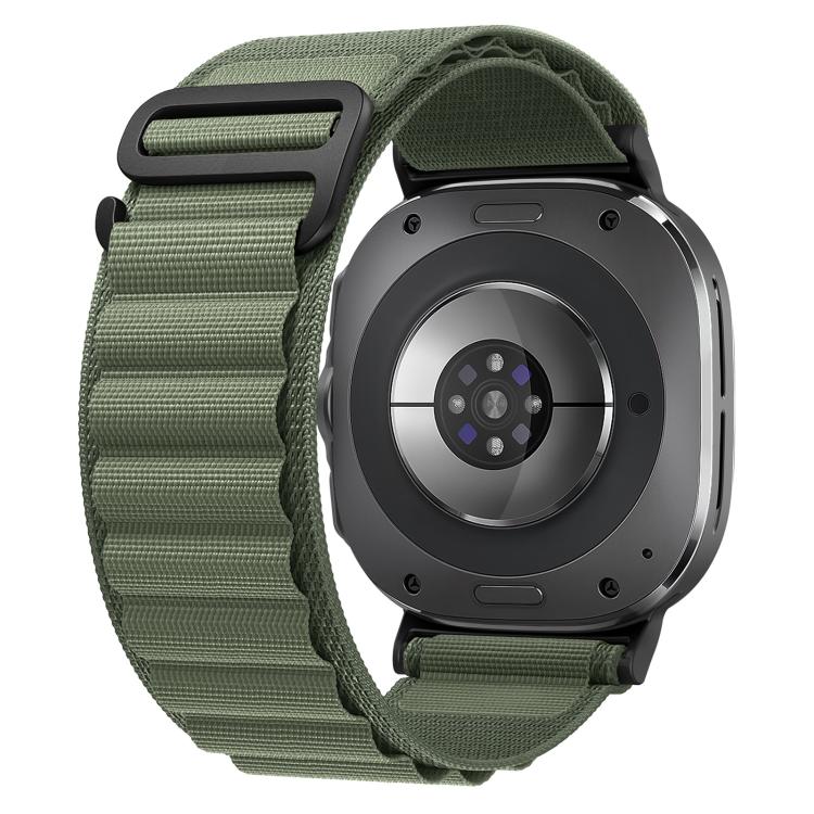 Olive green nylon watch band with black buckle loop, shown fitted to a smartwatch