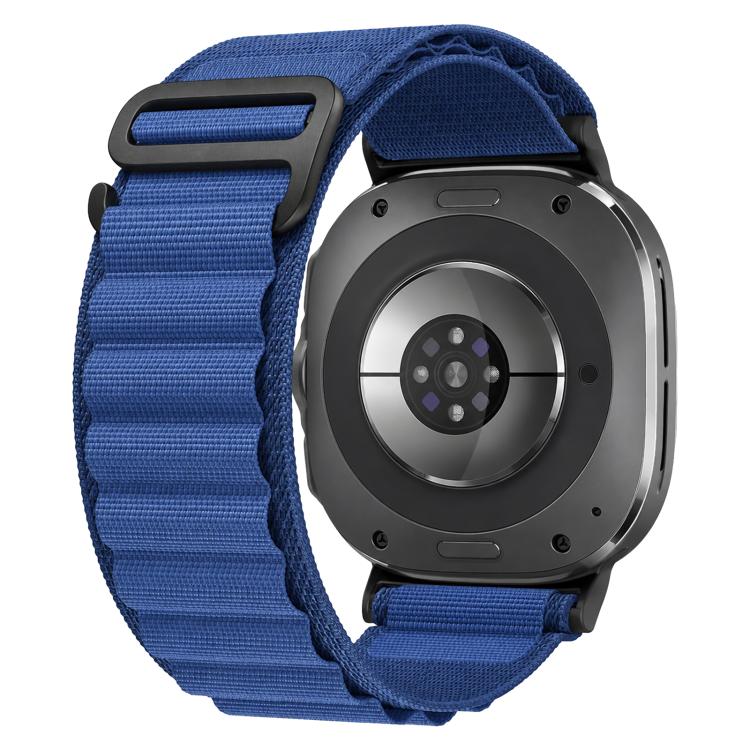 Blue nylon watch band with ridged loop and metal buckle attached to a smartwatch
