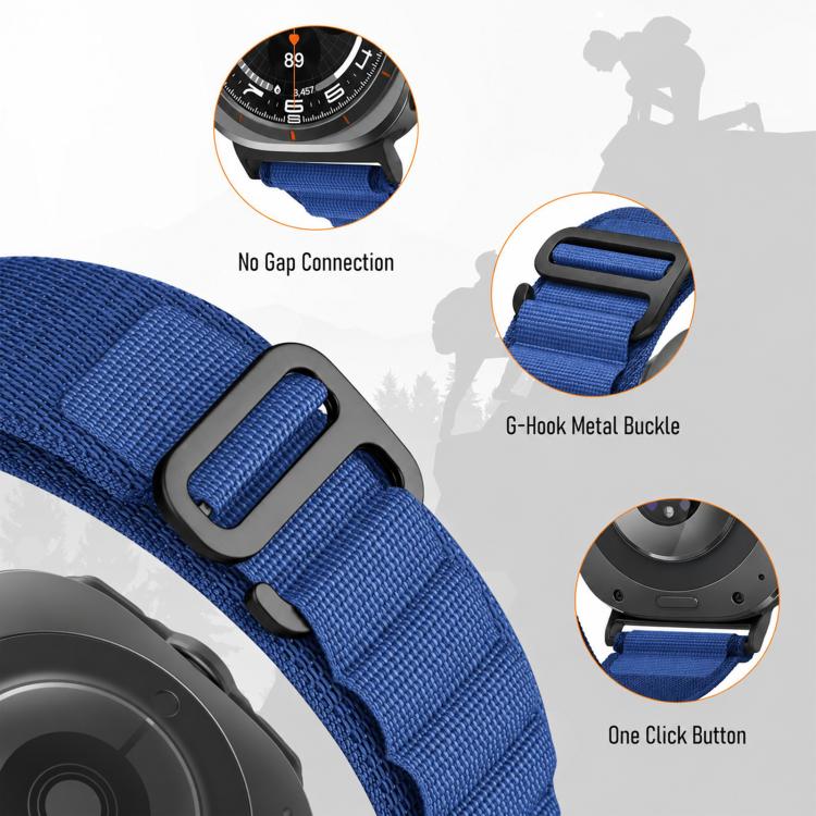Blue nylon watch band close-up showing its metal G-hook buckle and watch connection