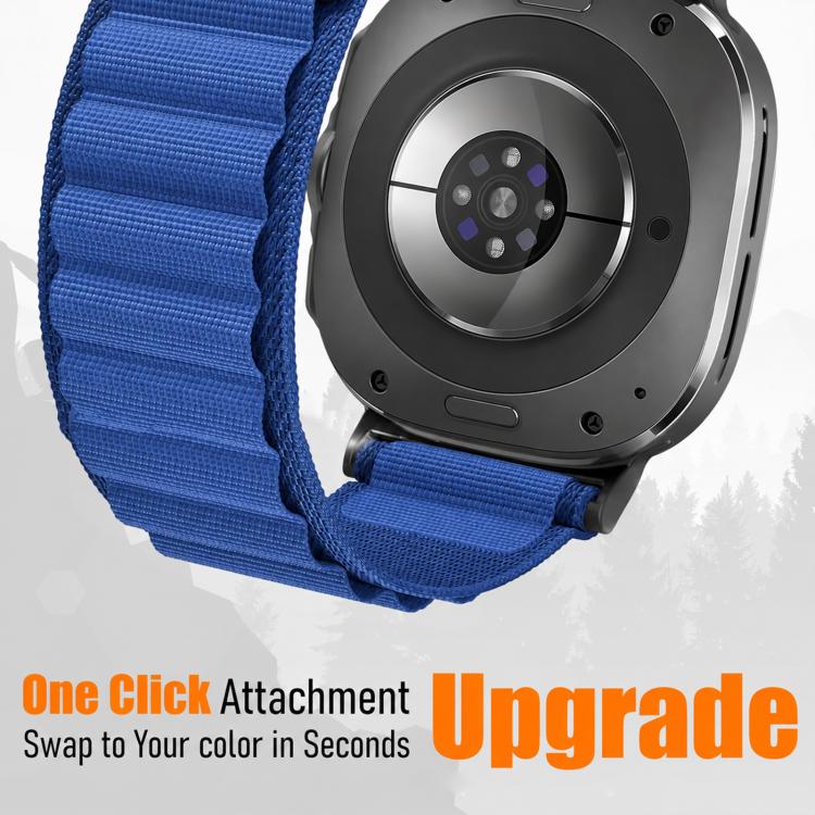 Blue nylon watch band attached to a smartwatch, showing the ridged loop and quick-release connector