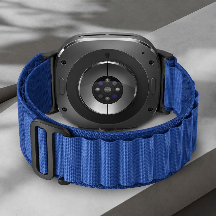 Blue nylon watch band wrapped around a smartwatch with a black metal buckle