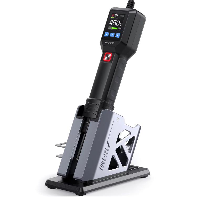 Hot air gun mounted on metal stand with gray base plate and integrated holder