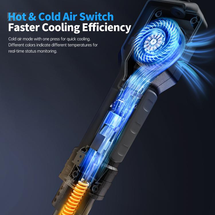 Hot air gun hot and cold air switch graphic with blue airflow visualization