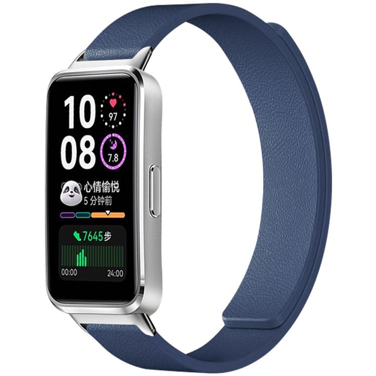 Navy blue magnetic silicone watch band with textured surface, shown attached to a smartwatch.