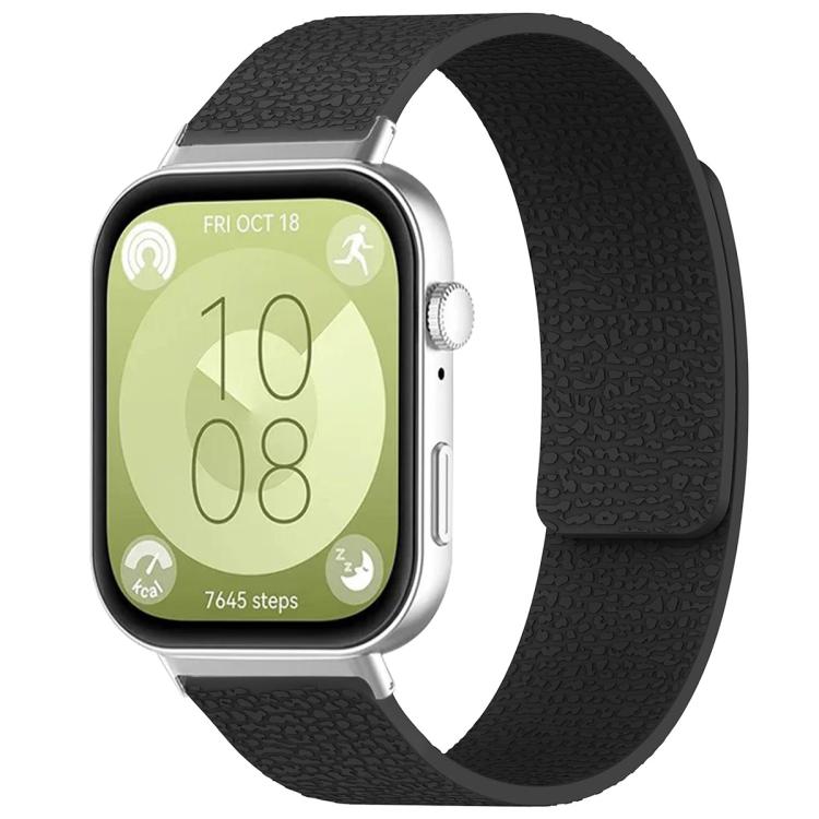 Textured black silicone watch band shown fitted to a smartwatch.