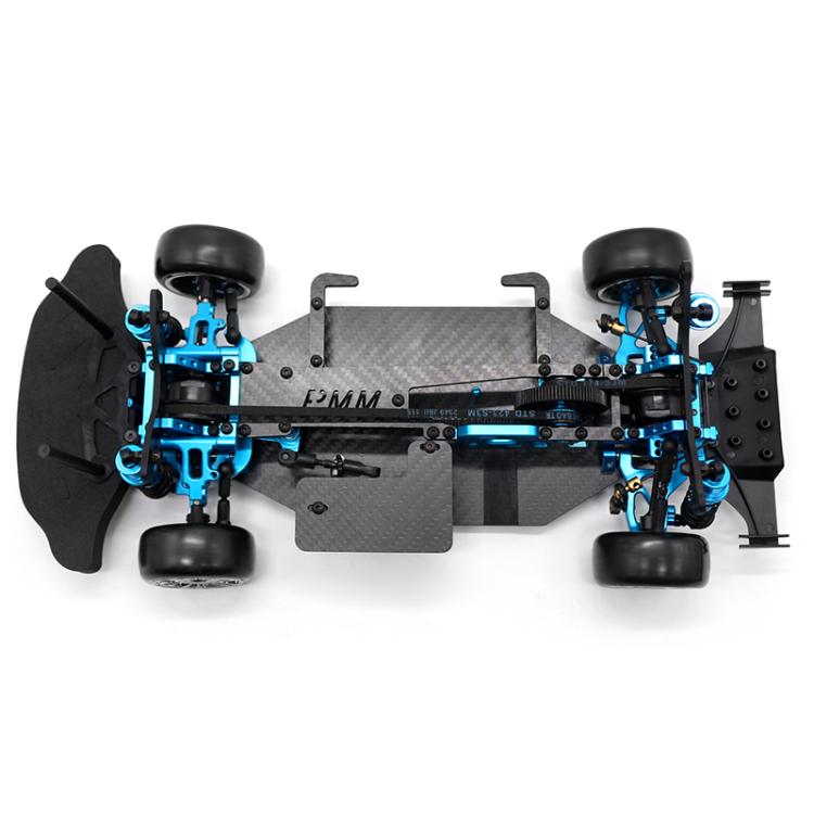 Top view RC 4WD chassis frame with blue hubs, carbon fiber plate, and four wheels