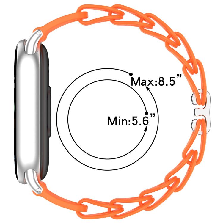 Orange hollow silicone watch band shown beside a watch, with adjustable 5.6–8.5 inch sizing.