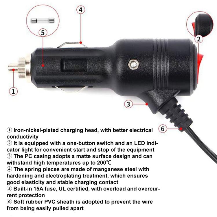 Car cigarette lighter extension cable end with connectors and switch housing