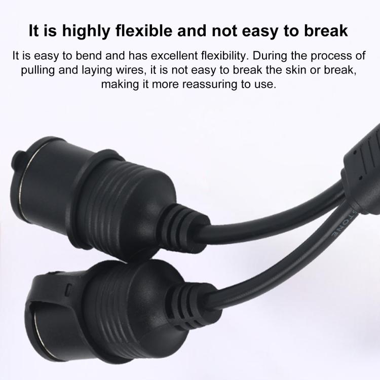 Car cigarette lighter extension cable with flexible black leads and two plugs
