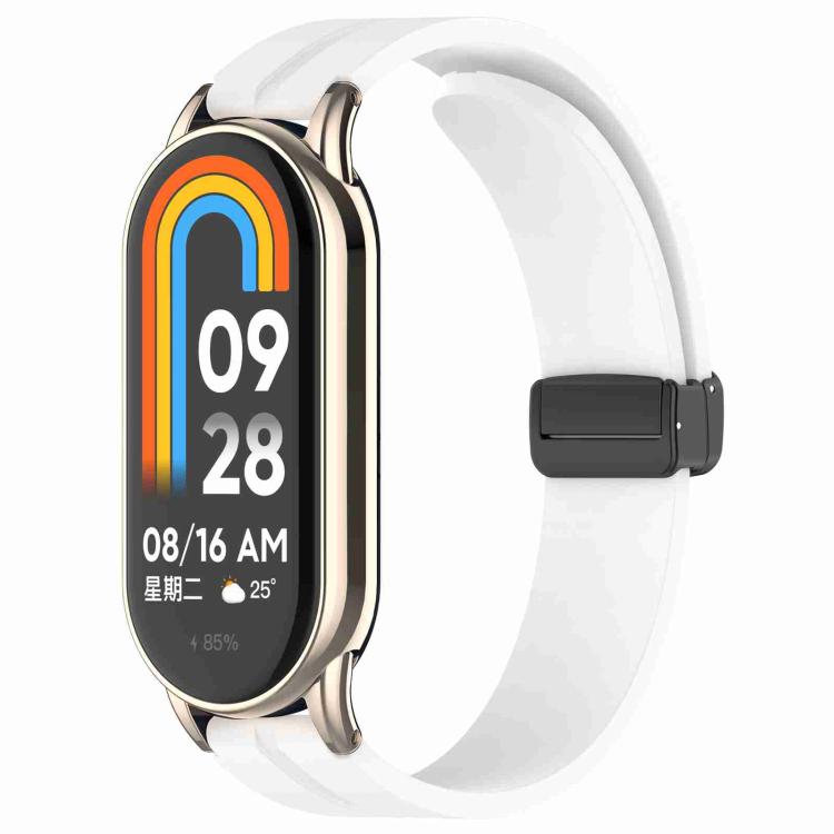 White silicone watch band with folding buckle, shown attached to a smartwatch