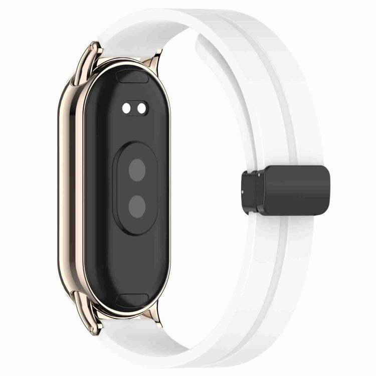 White silicone watch band with folding buckle shown attached to the back of a smartwatch