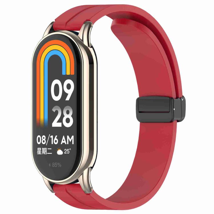 Wine red silicone watch band with folding buckle, shown attached to a smartwatch