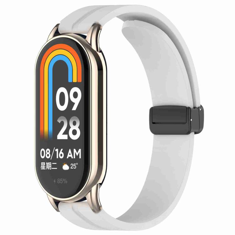 Light gray silicone watch band with folding buckle, shown attached to a smartwatch