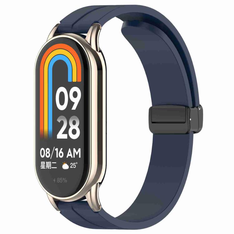 xDfind silicone watch band in dark navy with folding buckle, shown attached to a smartwatch