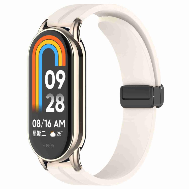 xDfind silicone watch band in white with folding buckle, shown attached to a smartwatch