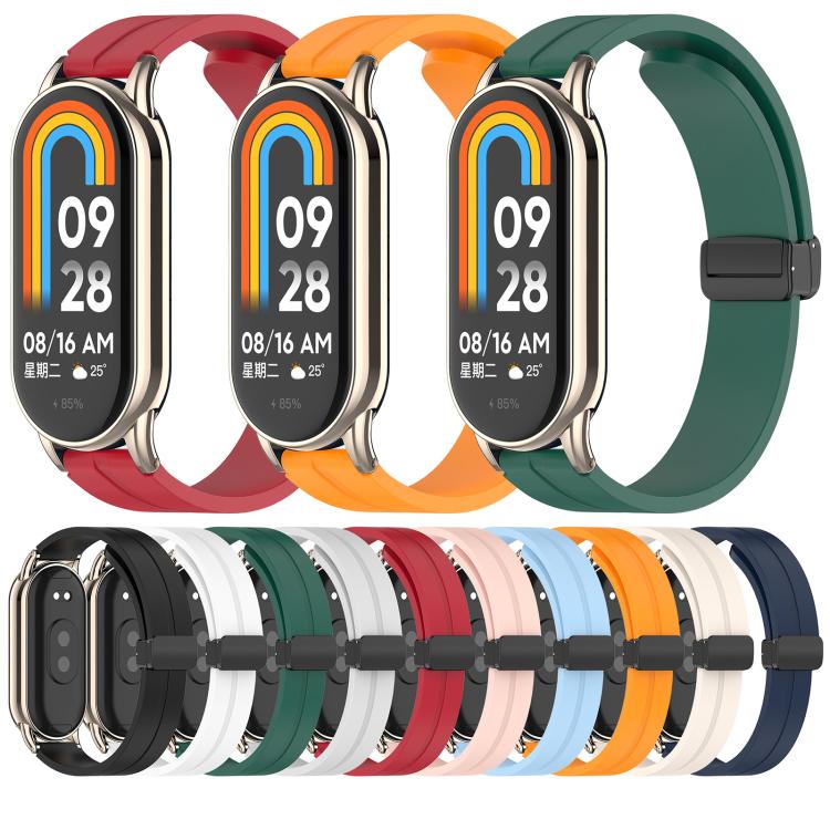 xDfind silicone watch bands in assorted colors, shown on watches and arranged in a row