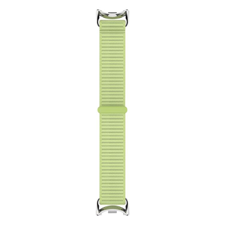 Light green nylon watch band shown flat with metal connectors