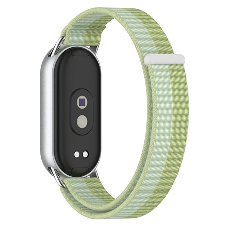 Pale green striped nylon loop watch band with silver metal connectors