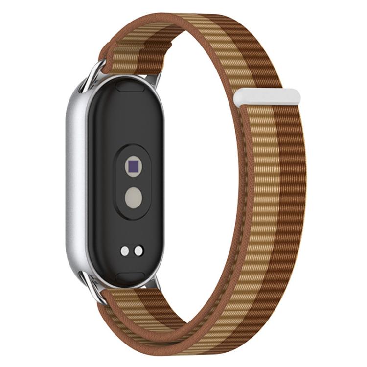 Brown striped nylon loop watch band with silver metal connectors