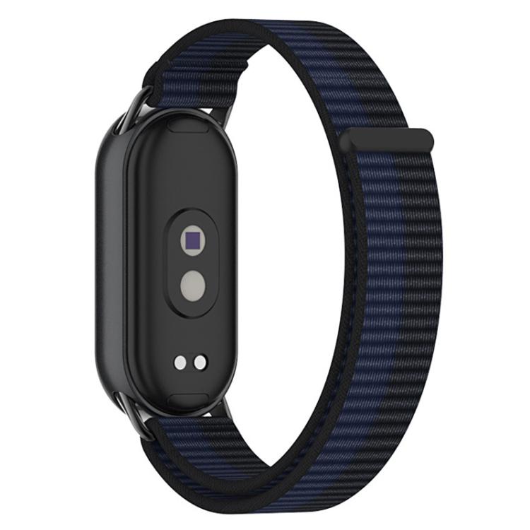 Dark navy nylon loop watch band with black metal connectors