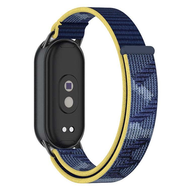 Nylon loop watch band with metal connectors, dark blue patterned weave and yellow trim