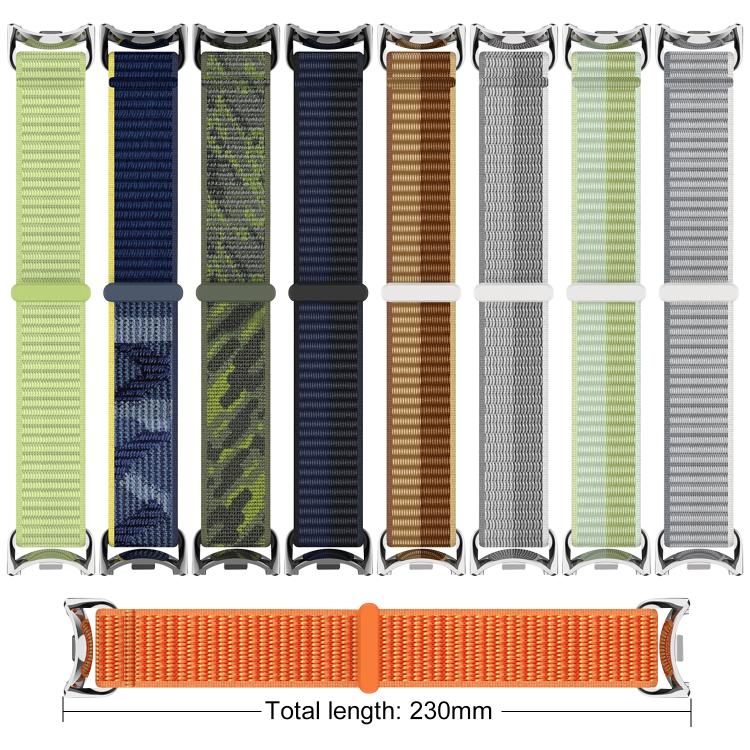 Eight nylon loop watch bands in assorted colors, with orange band shown full length
