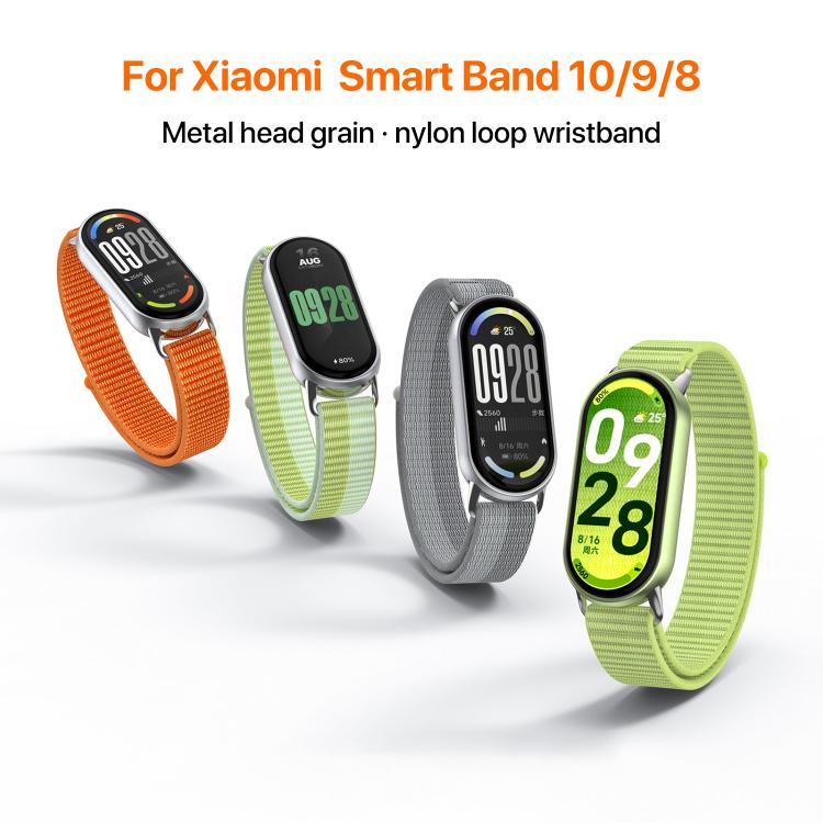 Nylon loop watch bands for Xiaomi Smart Band, shown in orange, green and gray