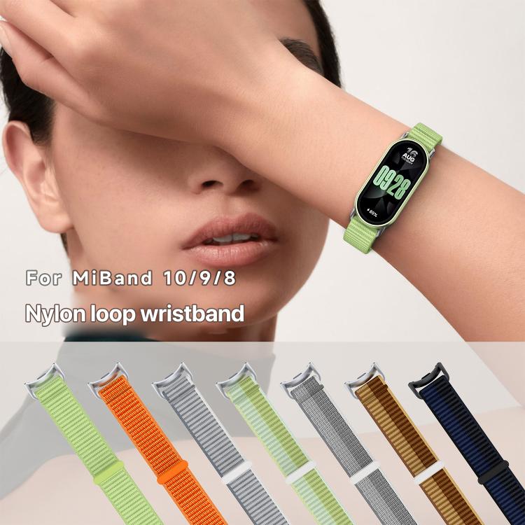 Light green nylon loop watch band worn on a wrist, with color options below