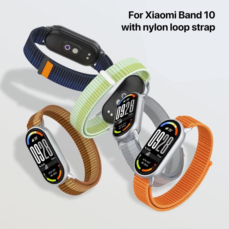 Nylon loop watch bands in navy, green, brown, gray, and orange on fitness trackers