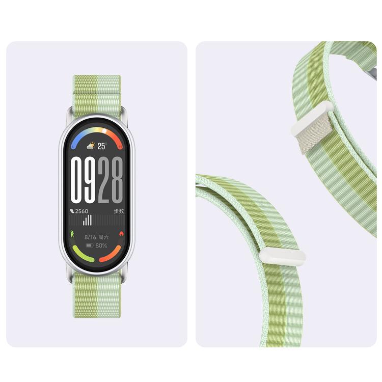 Light green nylon loop watch band with adjustable keeper, shown on a tracker and close up