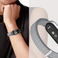 Gray nylon loop watch band worn on a wrist, with close-up of its metal connector