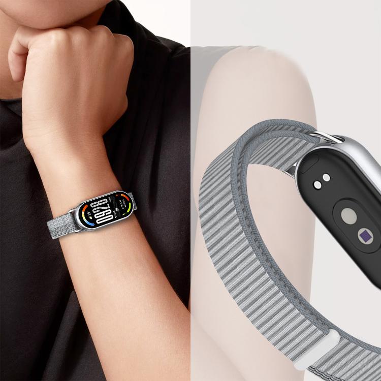 Gray nylon loop watch band worn on a wrist, with close-up of its metal connector