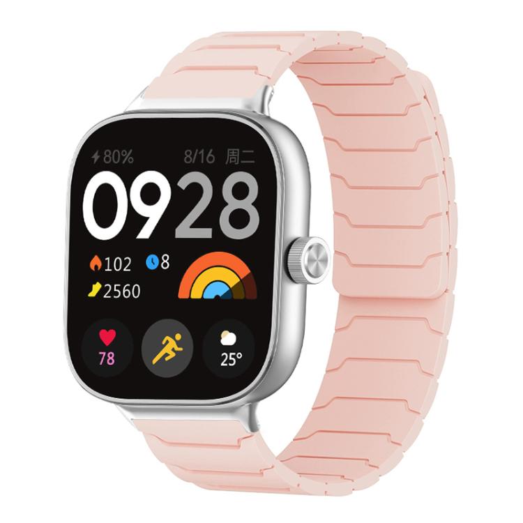Pink sand magnetic silicone watch band with segmented links, shown on a smartwatch.