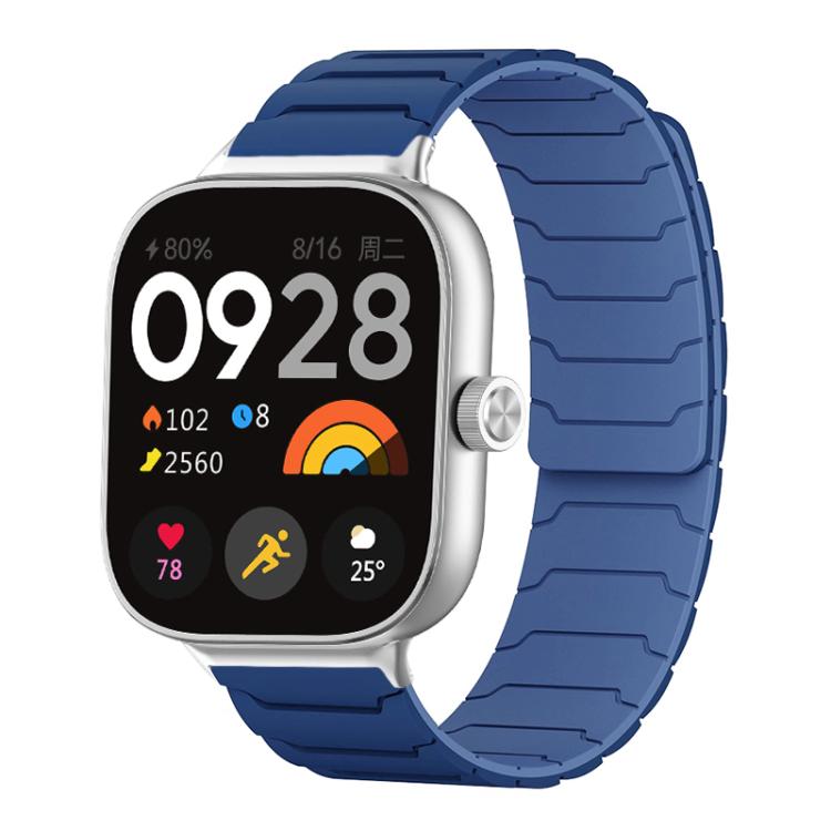 Navy blue magnetic silicone watch band with segmented links, shown on a smartwatch.