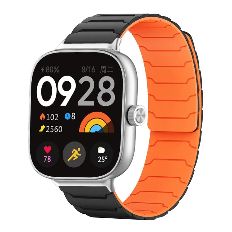 Black and orange magnetic silicone watch band with segmented links, shown on a smartwatch.