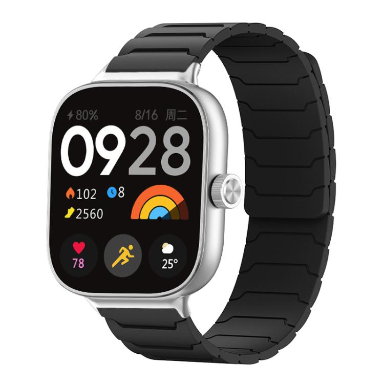 Black magnetic silicone watch band with segmented links, shown on a smartwatch.