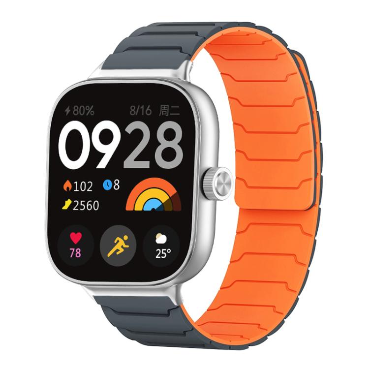 Grey and orange magnetic silicone watch band with segmented links, shown on a smartwatch.