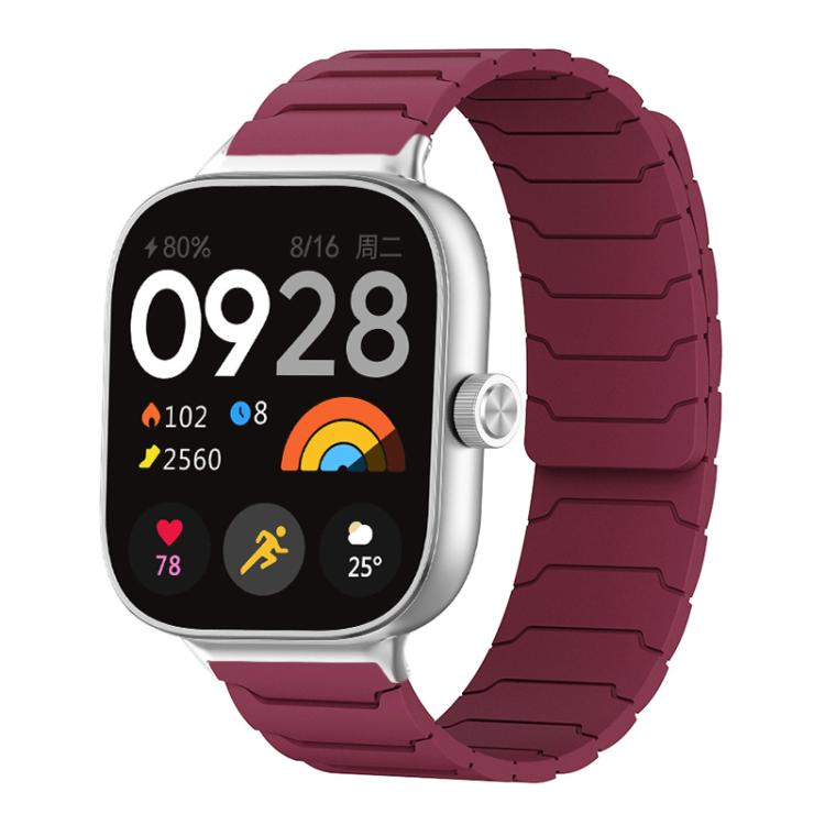 Wine red magnetic silicone watch band with segmented links, shown on a smartwatch.