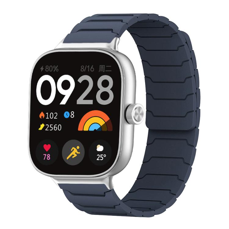 Midnight blue magnetic silicone watch band with segmented links, shown on a smartwatch.